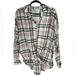 BP. Olive green and Pink Cross Slouched Front Lightweight Plaid Top S